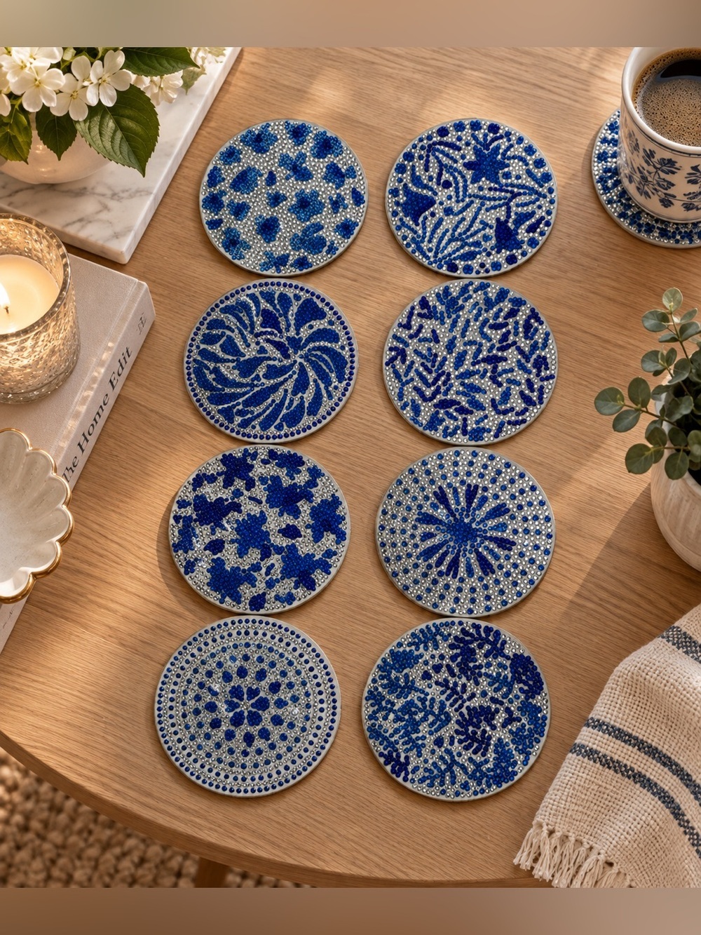 Handmade Diamond Art Coaster Set- Blue & Silver Rhinestone (set of 8)